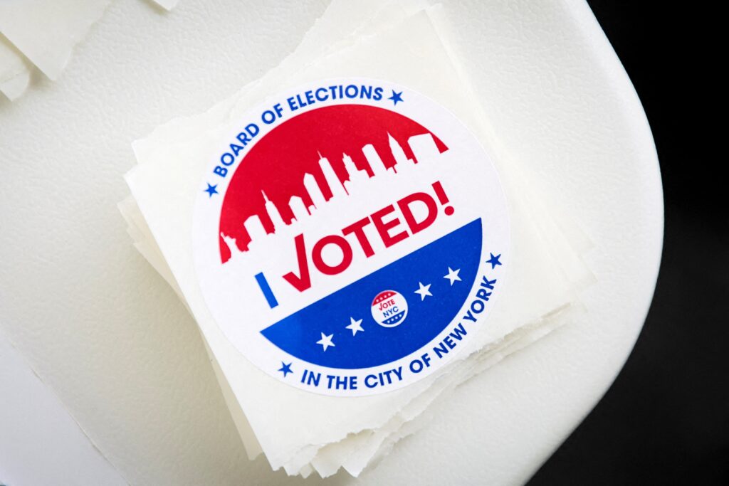 "I Voted!" stickers are seen at a polling station in Brooklyn, August 23, 2022.