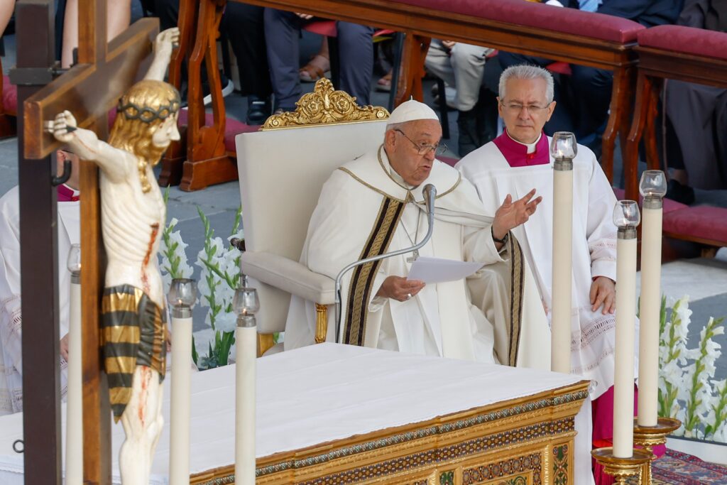 Pope Francis delivers his homily during Mass in St. Peter's Square for the opening of the Synod of Bishops on synodality at the Vatican October 2, 2024.