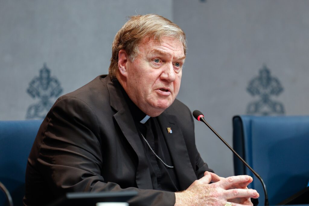 Cardinal Joseph W. Tobin of Newark, New Jersey, speaks at a press briefing on the synod at the Vatican on October 11, 2024.