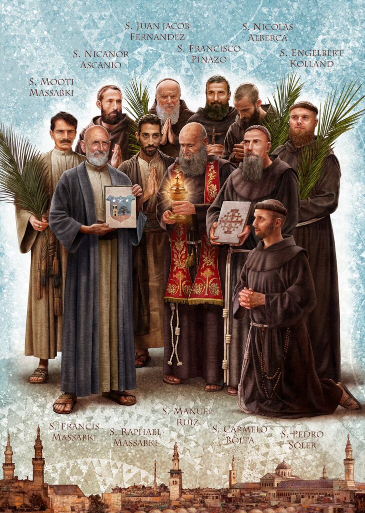 The 11 "martyrs of Damascus" -- eight Franciscan friars and three laymen, blood brothers -- who were scheduled to be canonized October 20, 2024, are depicted in a painting.