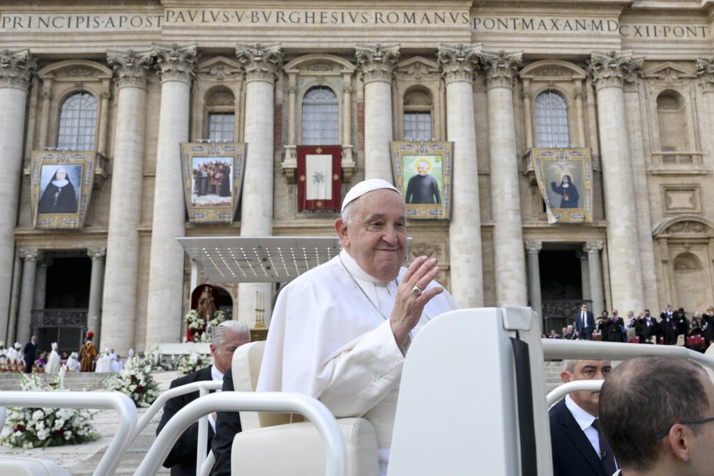 Pope Francis rides in the popemobile after Mass for the canonization of 14 new saints on World Mission Sunday in St. Peter's Square at the Vatican October 20, 2024.