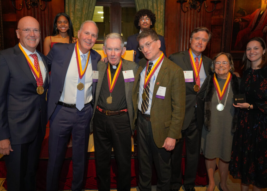 Cristo Rey New York High School celebrated its 20th anniversary at its annual Access to Success Gala on Thursday, October 24, honoring (from left) William Cody, Kyle L. Miller, Father Joseph Parkes, S.J., William P. Ford III, Mark DeWaele, DMD, Madeline E. Lacovara, and Heather Trotta, accepting an award on behalf of Susan Braddock.