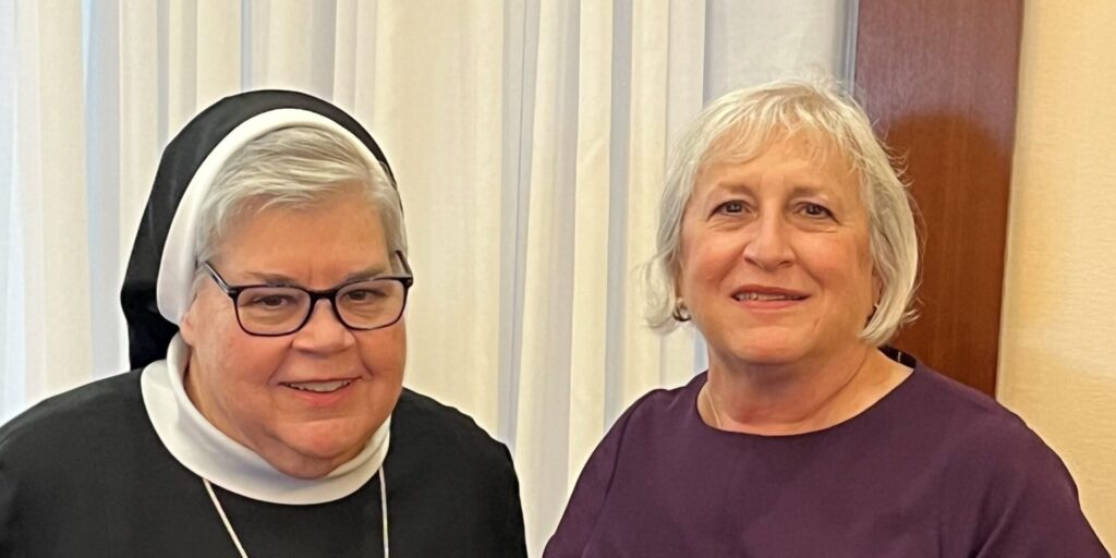 Linda Dougherty, Associate Superintendent for Catholic Identity and Secondary Schools for the Archdiocese of New York, stands with Sr. Mary Grace Walsh, ASCJ, Ph.D., Superintendent of Schools for the Archdiocese of New York, after the Lighting the Fire for Catholic Education Award at St. John’s University on October 18, 2024. (Office of the Superintendent of Schools, Archdiocese of New York)