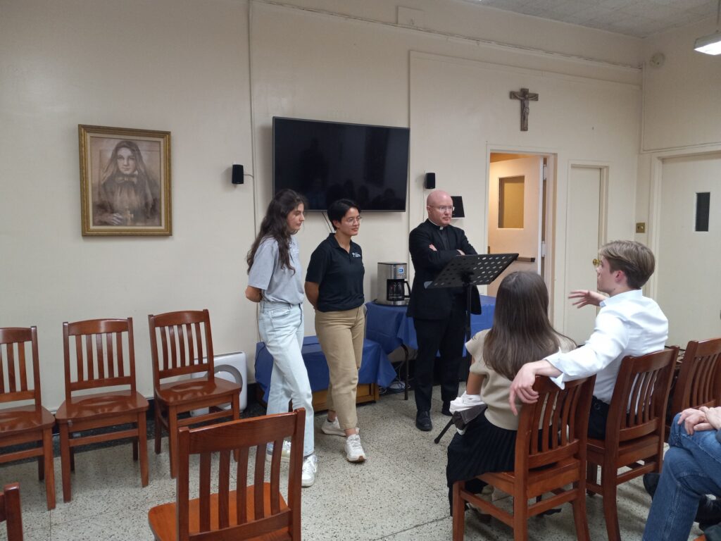 Marina Frattaroli (left), Zoe Dongas (center) and Father Roger Landry during their talk, "On the Road with Jesus," at the St. Frances Cabrini Shrine in the Washington Heights section of Manhattan, Tuesday, October 8, 2024.