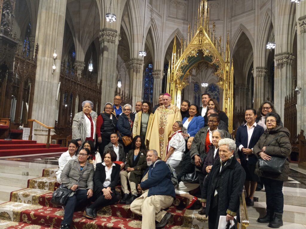 Auxiliary Bishop Emeritus Josu Iriondo, Archdiocese of New York, in a group photo after the Prayer and Life Workshops Mass at St. Patrick's Cathedral, Sunday, October 27, 2024.