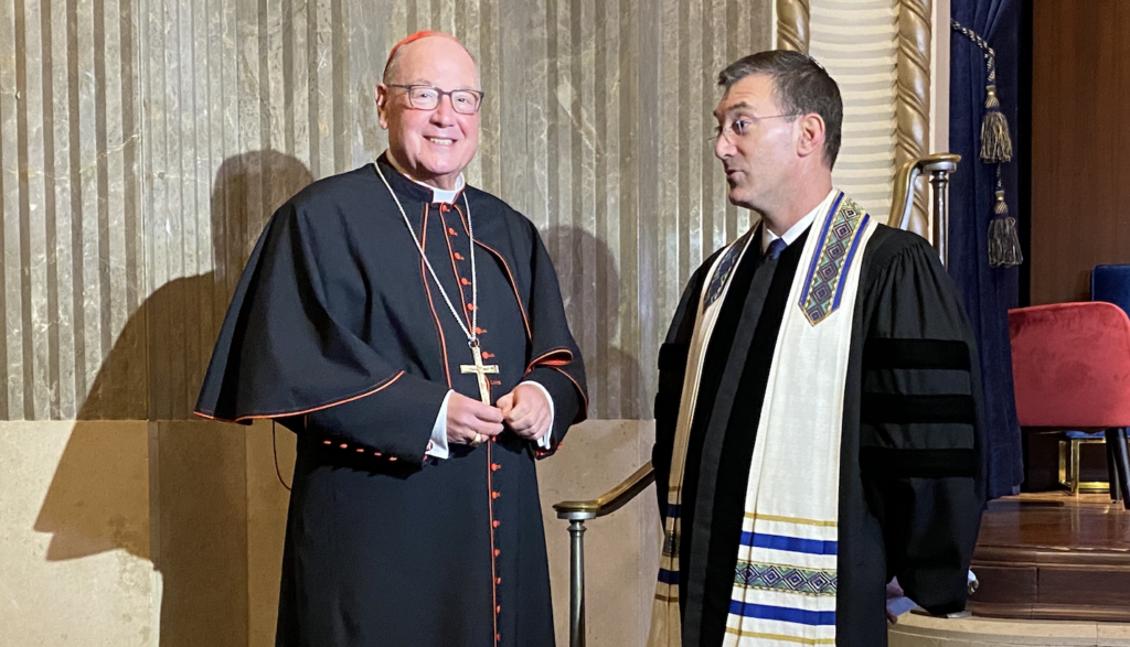 Cardinal Timothy Dolan (left), Archbishop of New York, and Rabbi Joshua Davidson, senior rabbi of Temple Emanu-El in Manhattan, talk before the Interfaith Shabbat Service of Solidarity, held at Temple Emanu-El on Friday, October 4, 2024.