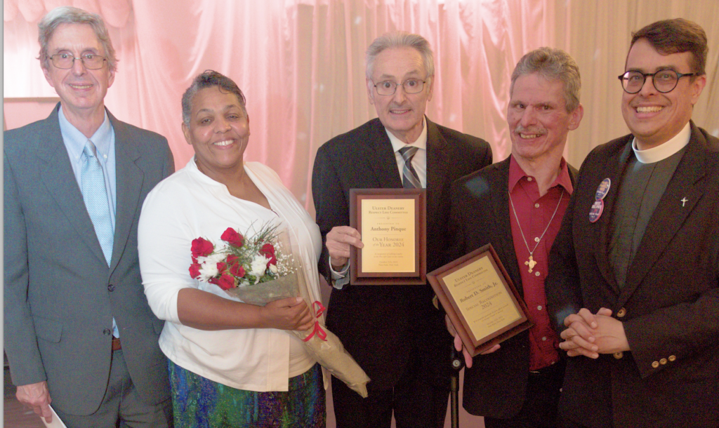 The Ulster Deanery Respect Life Committee (UDRLC) Annual Dinner on October 25, 2024, attracted a range of pro-life figures such as (from left) Gerard Crosson, Suffolk vice chairman (Long Island Coalition for Life), Chaplain Ayesha Kreutz (Coalition to Protect Kids-NY), Anthony Pinque (UDRLC honoree for 2024 from Ellenville), Robert Smith (Our Lady of Fatima, Plattekill), and Father Arthur F. Rojas, pastor of Presentation-Sacred Heart Parish, Port Ewen-Esopus.