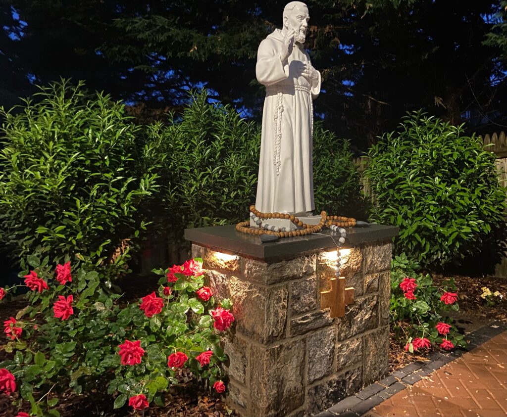 A statue of Padre Pio stands in the Padre Pio Garden at Sts. John and Paul Church.