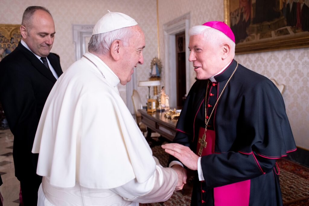 Pope Francis greets Bishop Daniel E. Thomas of Toledo, Ohio, during a meeting with U.S. bishops from Ohio and Michigan making their "ad limina" visits to the Vatican December 10, 2019.