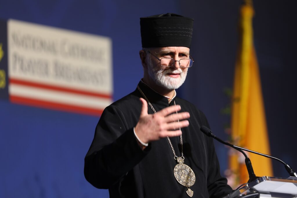 Metropolitan Archbishop Borys A. Gudziak of the Ukrainian Catholic Archeparchy of Philadelphia speaks during the National Catholic Prayer Breakfast in Washington on March 14, 2023. During the Catholic Media Conference in Atlanta, the Catholic Near East Welfare Association honored the archbishop with its Faith & Culture Award on June 21, 2024. (OSV News photo/Bob Roller)