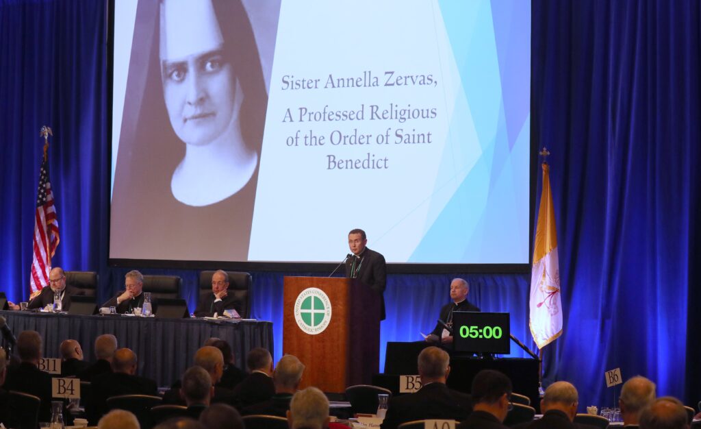 Bishop Andrew H. Cozzens of Crookston, Minnesota, speaks about the cause of beatification and canonization of Sister Annella Zervas, a professed religious of the Order of St. Benedict, during a November 12, 2024, session of the fall general assembly of the U.S. Conference of Catholic Bishops in Baltimore.