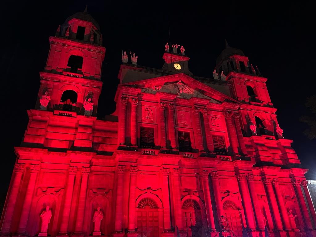 The Cathedral of St. Joseph of Nazareth in Toluca, Mexico, is seen illuminated on November 2023 for the Red Wednesday initiative as part of the Aid to the Church in Need commemoration for persecuted Christians.