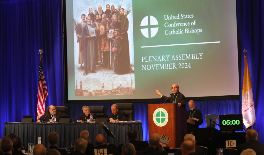 Bishop A. Elias Zaidan of the Maronite Eparchy of Our Lady of Lebanon of Los Angeles, chair of the U.S. bishops' Committee on International Justice and Peace, speaks during a November 13, 2024, session of the fall general assembly of the U.S. Conference of Catholic Bishops in Baltimore.