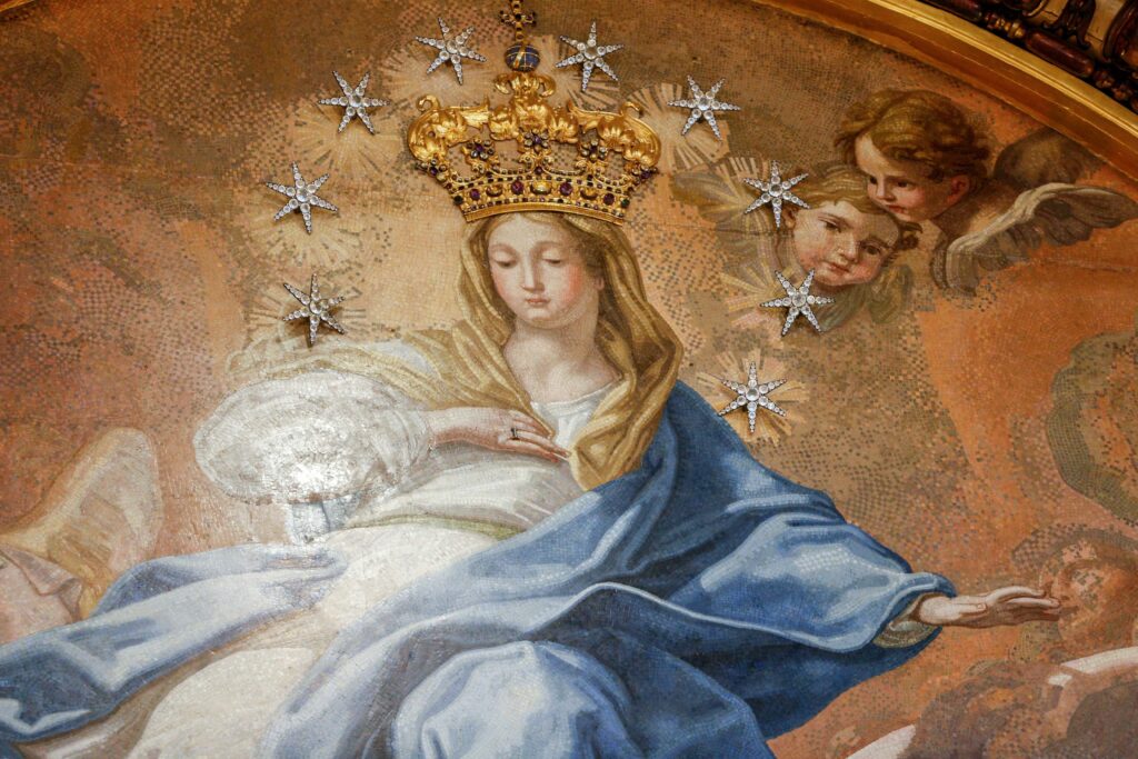 An image of the Immaculate Conception depicting a crowned Mary is seen in the Chapel of the Choir in St. Peter's Basilica at the Vatican on May 30, 2023.