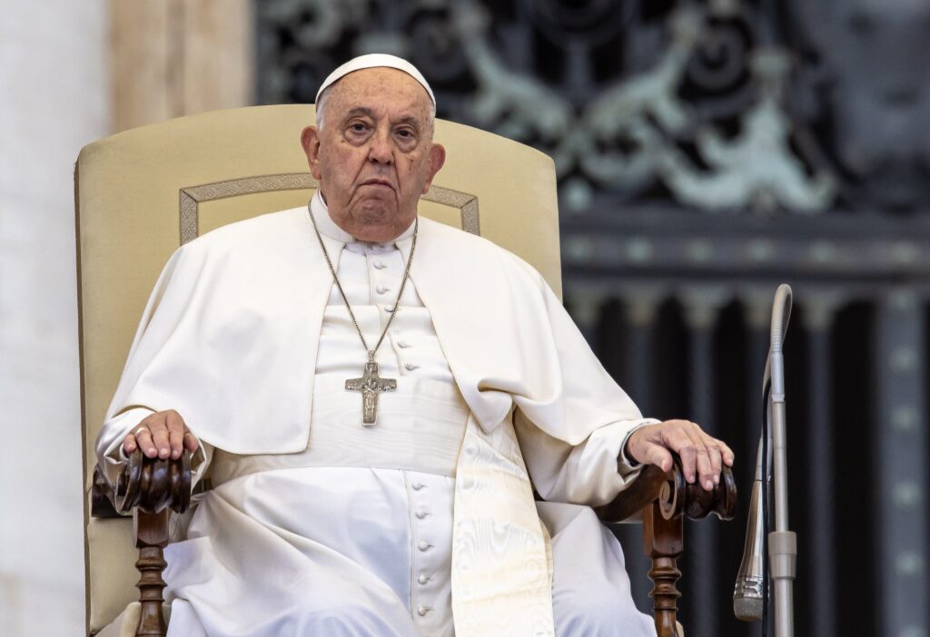 Pope Francis listens during his weekly general audience in St. Peter's Square at the Vatican on November 20, 2024.