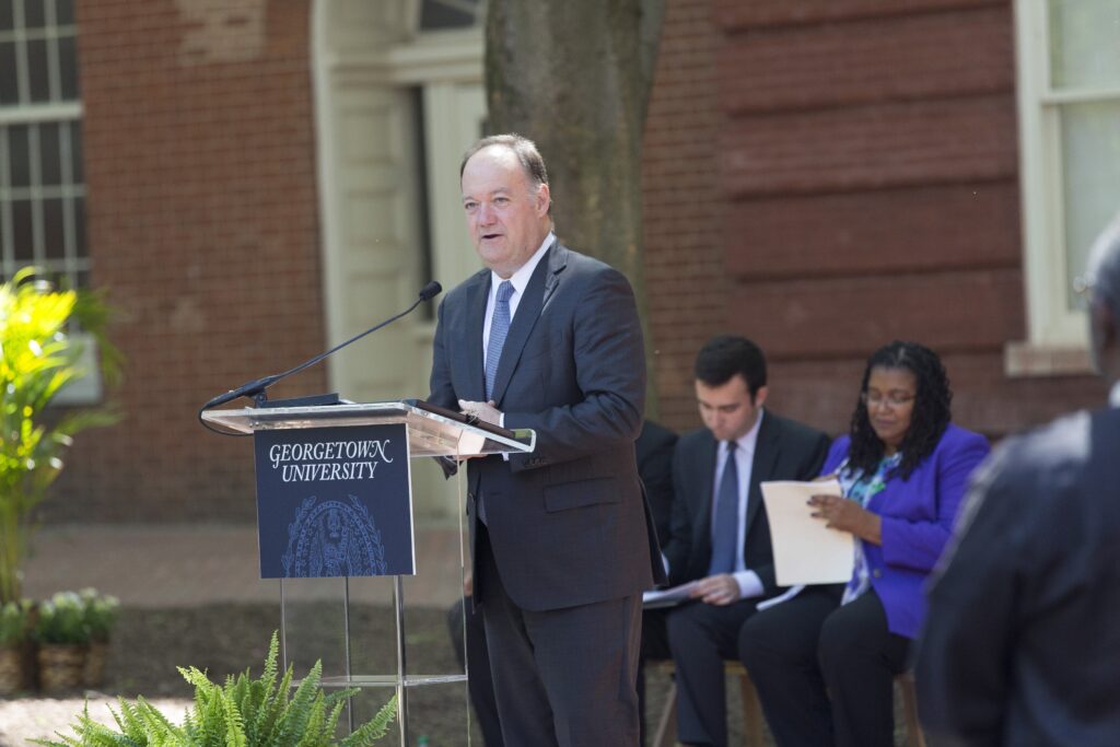 Georgetown University president John J. DeGioia offers remarks during an April 18, 2017.