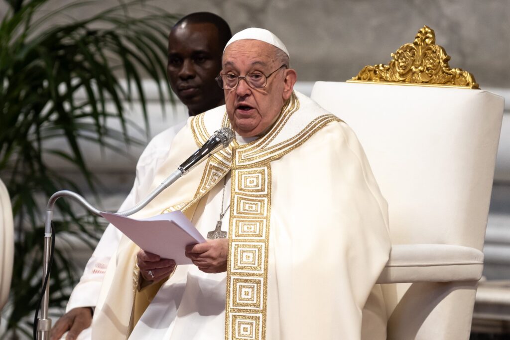 Pope Francis gives his homily at Mass on the feast of Christ the King and the local celebration of World Youth Day in St. Peter's Basilica at the Vatican on November 24, 2024.