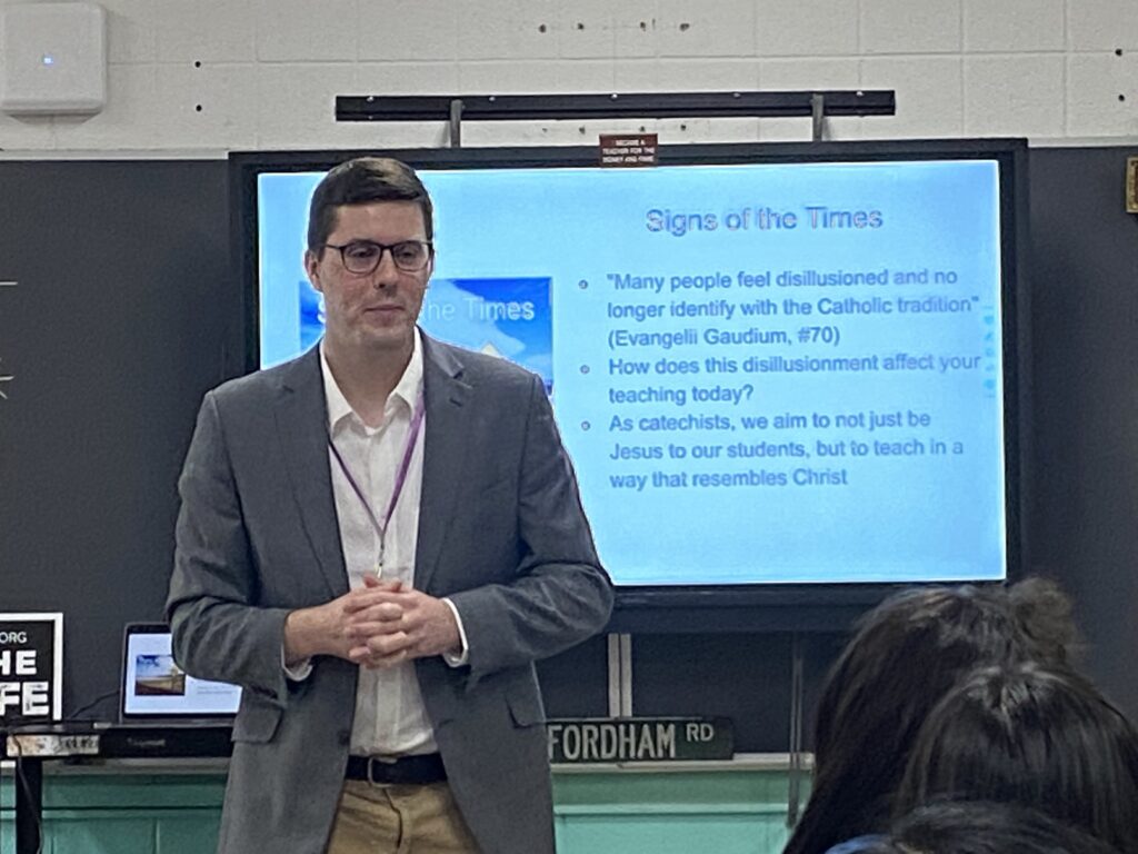 Tadhg Malone, director of faith formation at Church of the Epiphany in Manhattan, leads a session at the Forum For Catechesis and Youth Ministry, Saturday, October 26, 2024, at Cardinal Spellman High School in The Bronx.