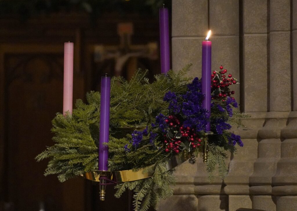 An Advent wreath is seen during Mass on the first Sunday of Advent at Fordham University in the Bronx, December 1, 2024.