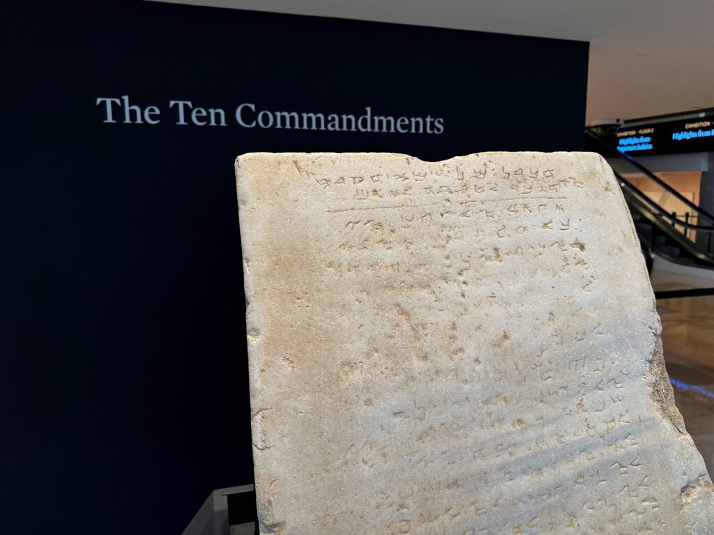 The oldest known stone tablet inscribed with the Ten Commandments, dating from 300 to 800 A.D. and attributed by some experts to ancient Samaritans, is pictured on display at Sotheby’s in New York City December 9, 2024, and is expected to fetch $1-2 million at an upcoming auction.