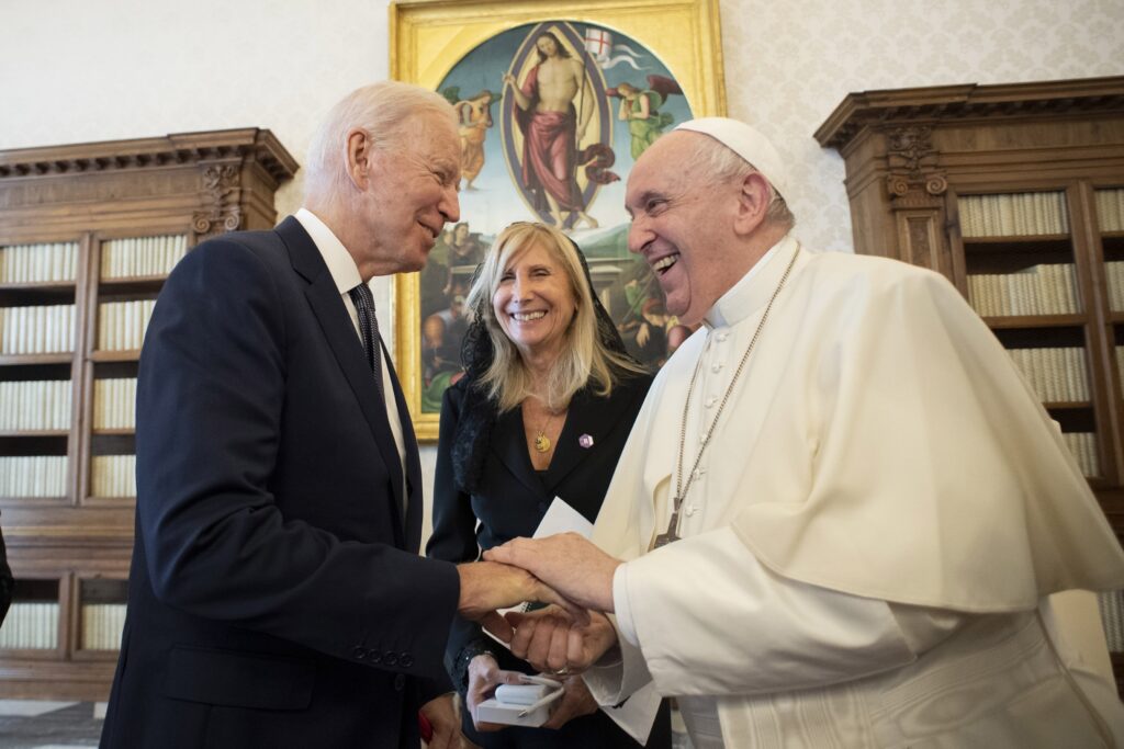 U.S. President Joe Biden greets Pope Francis during a meeting at the Vatican Oct. 29, 2021. Photo credit: CNS photo/Vatican Media