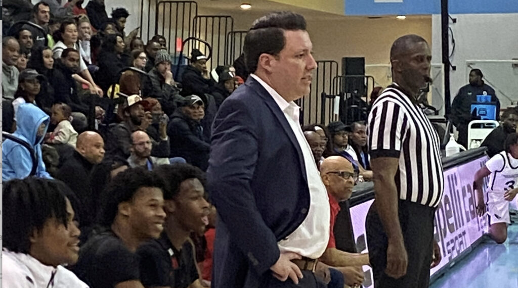 Archbishop Stepinac High School Varsity Basketball Coach Patrick Massaroni (center) looks on during Stepinac’s win over Brooklyn’s Eagle Academy, March 24, 2024.