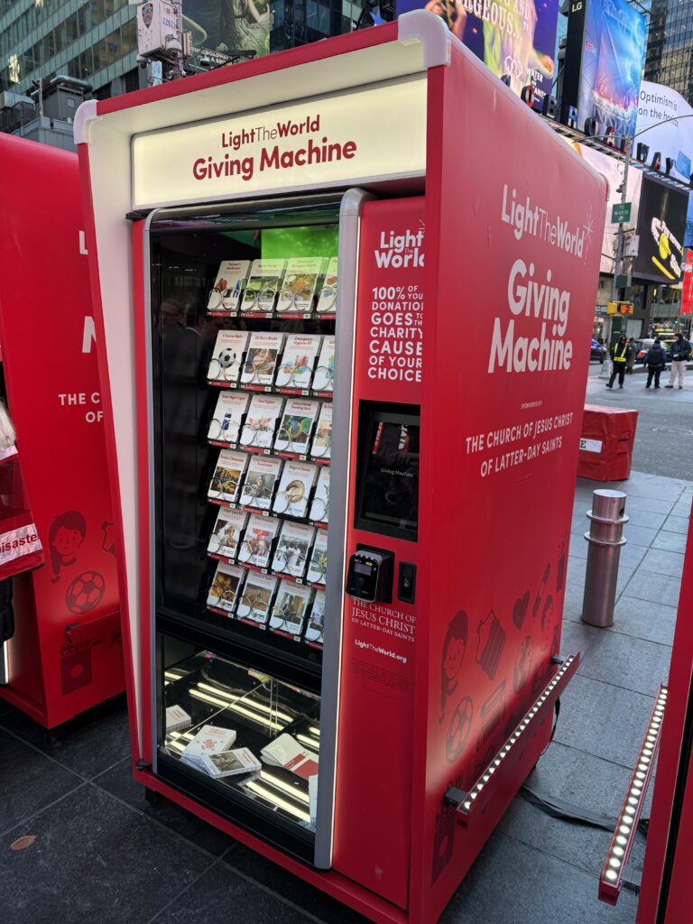 A Giving Machine stands in Times Square during a launch event on December 2, 2024.