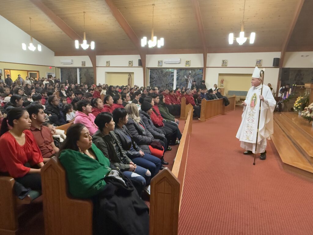 Archdiocese of New York Auxiliary Bishop Edmund J. Whalen, Vicar for Clergy (right), delivers his homily during the Feast of Our Lady of Guadalupe Mass on December 12, 2024, at the Church of St. Anastasia in Harriman.