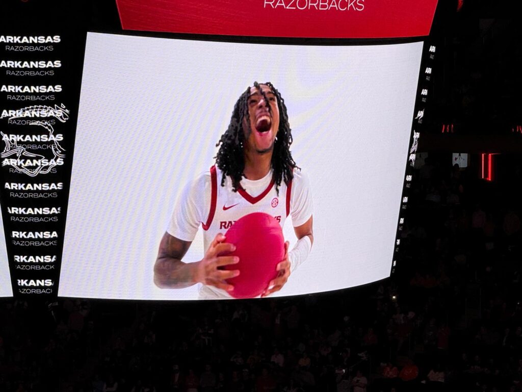 Arkansas Razorbacks guard Boogie Fland appears on the Jumbotron at Madison Square Garden, December 10, 2024, ahead of his team's game against the Michigan Wolverines.