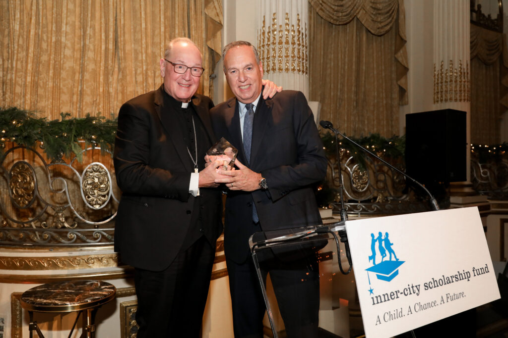 Cardinal Timothy Dolan (left) presented the presented the 2024 Inner-City Scholarship Fund Award to Stephen J. Squeri, Chairman, CEO, and Co-Founder of American Express for his generous commitment to helping support Catholic school educational institutions.