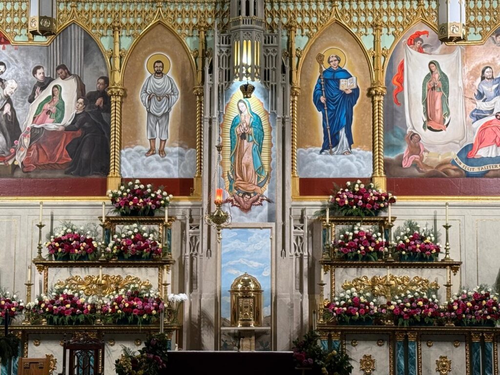 Images of Our Lady of Guadalupe adorn the altar wall at the Shrine of Our Lady of Guadalupe at St. Bernard on West 14th St. in Manhattan.