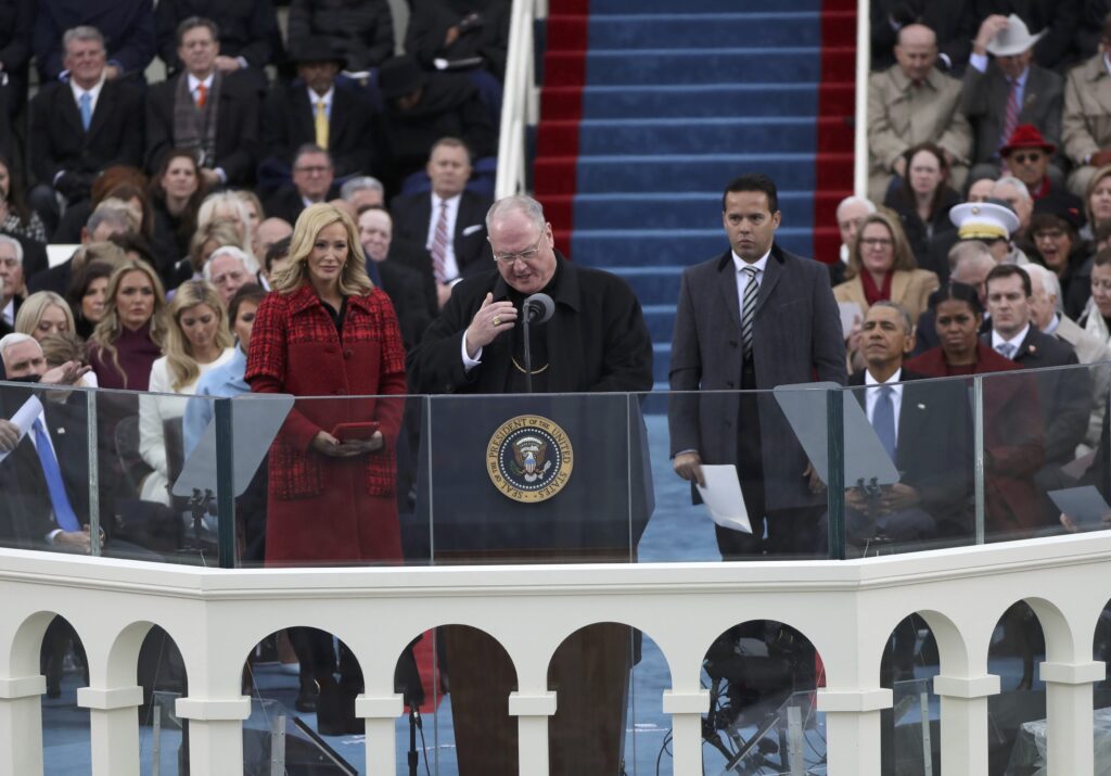 New York Cardinal Timothy M. Dolan delivers the invocation before U.S. President-elect Donald Trump's swearing-in as the country's 45th president at the U.S. Capitol in Washington on January 20, 2017.