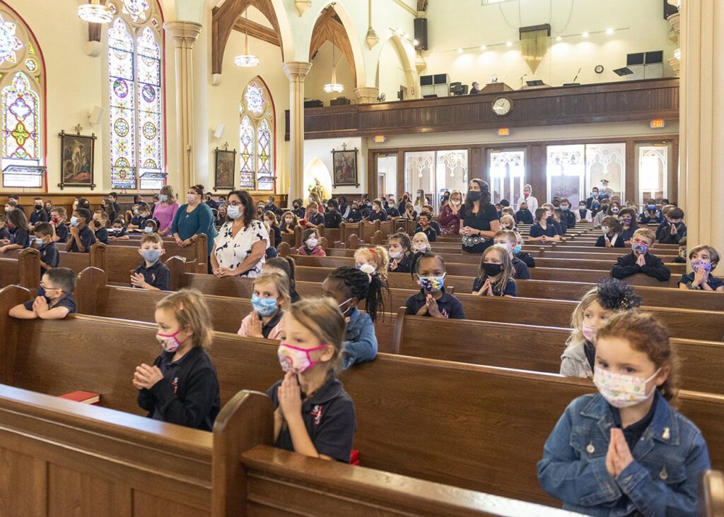 Students from St. John's Catholic School in Goshen attend Mass celebrated by New York Cardinal Timothy M. Dolan on September 24, 2021.