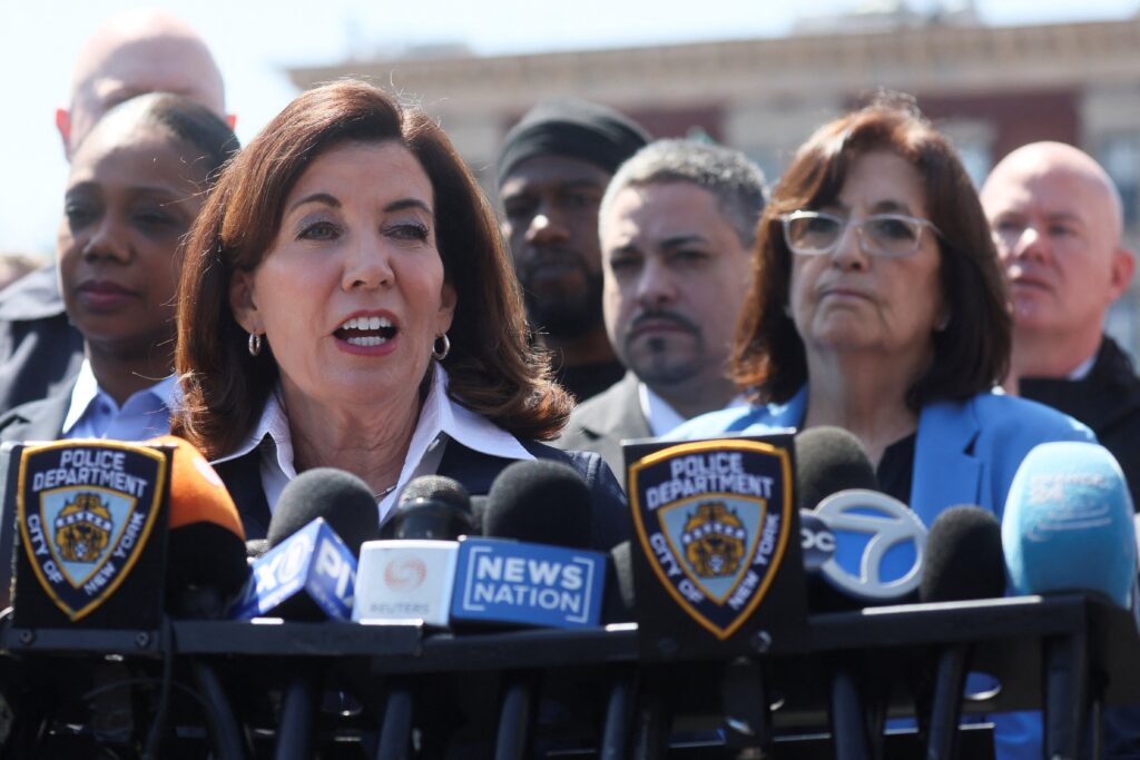 New York Gov. Kathy Hochul speaks during a news conference after a shooting at a subway station in the Brooklyn borough of New York City April 12, 2022.