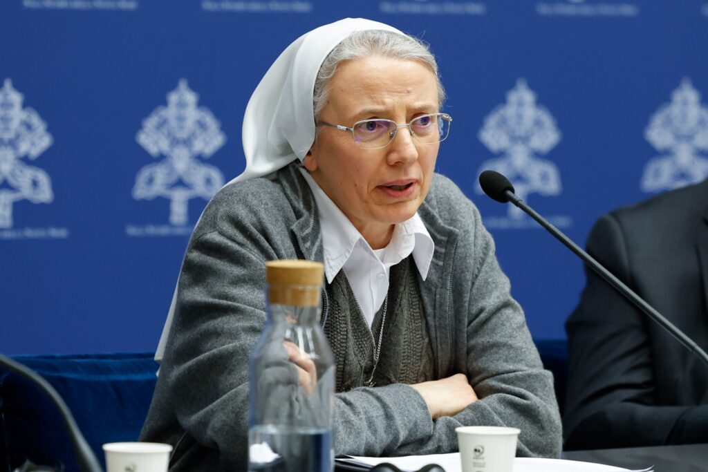 Consolata Missionary Sister Simona Brambilla, secretary of the Dicastery for the Institutes of Consecrated Life and the Societies of Apostolic Life, speaks during a news conference at the Vatican March 14, 2024, about study groups authorized by Pope Francis to examine issues raised at the synod on synodality.