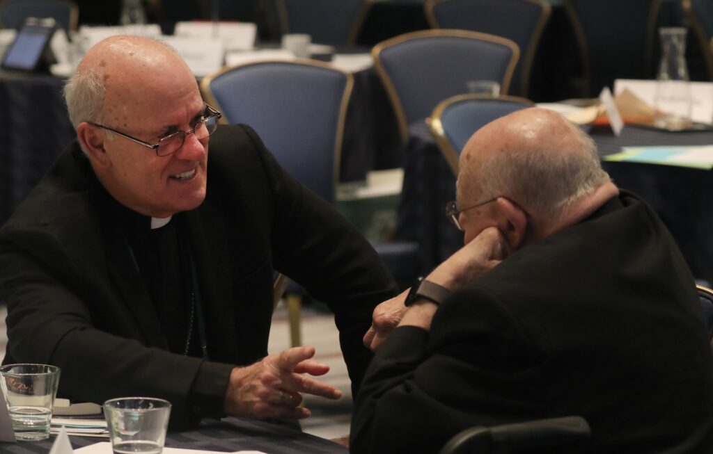 Bishop Kevin C. Rhoades of Fort Wayne-South Bend, Indiana (left), and retired Bishop Paul S. Loverde of Arlington, Virginia, chat during a break at a November 12, 2024, session of the fall general assembly of the U.S. Conference of Catholic Bishops in Baltimore.