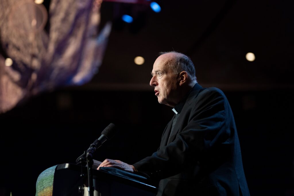 Cardinal Robert W. McElroy of San Diego gives a talk February 16, 2024, at the Los Angeles Religious Education Congress in Anaheim.