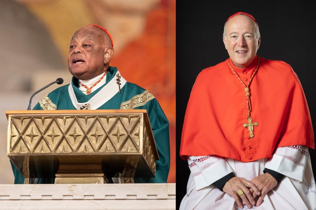 En esta foto compuesta de OSV News, el cardenal de Washington Wilton D. Gregory, a la izquierda, pronuncia su homilía durante la Misa de la Peregrinación Eucarística Nacional el 9 de junio de 2024, en la Basílica del Santuario Nacional de la Inmaculada Concepción.