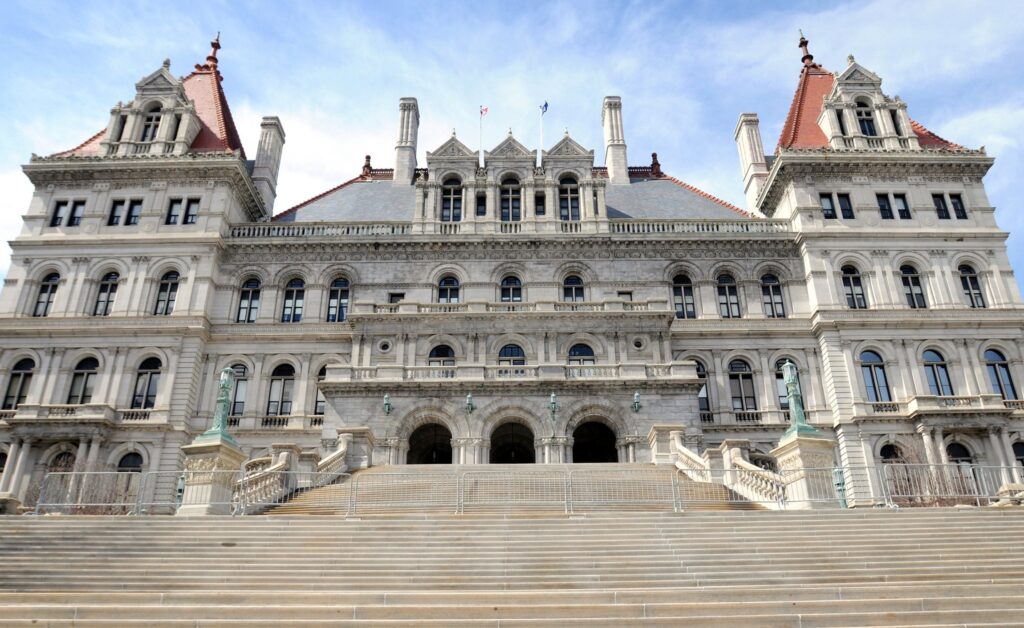 A file photo shows the front of the New York state Capitol in Albany.