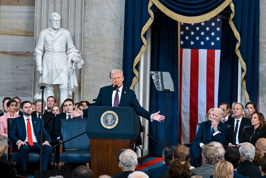 U.S. President Donald J. Trump speaks after being sworn in during his inauguration as the 47th president of the United States inside the Rotunda of the U.S. Capitol building in Washington on January 20, 2025.