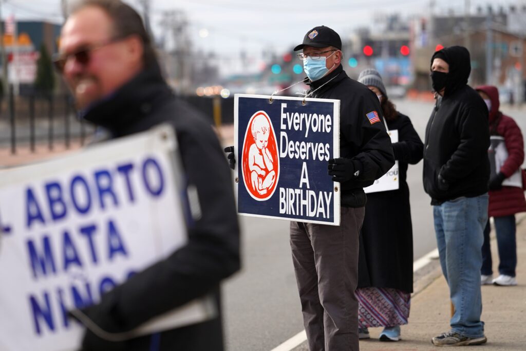 Nick Ulrich, a member of the Knights of Columbus council of Holy Family Parish in Hicksville, participates in a pro-life rally outside Nassau University Medical Center in East Meadow, January 17, 2021.