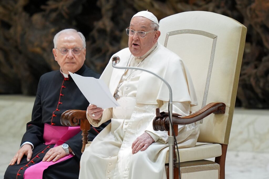 Pope Francis speaks to visitors in the Paul VI Audience Hall during his weekly general audience at the Vatican on January 29, 2025. (Photo CNS/Lola Gomez)