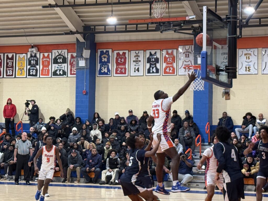 St. Raymond High School for Boys forward Ibrahima Camara (33) follows up his shot during his team’s game against Archbishop Stepinac High School, January 7, 2025.