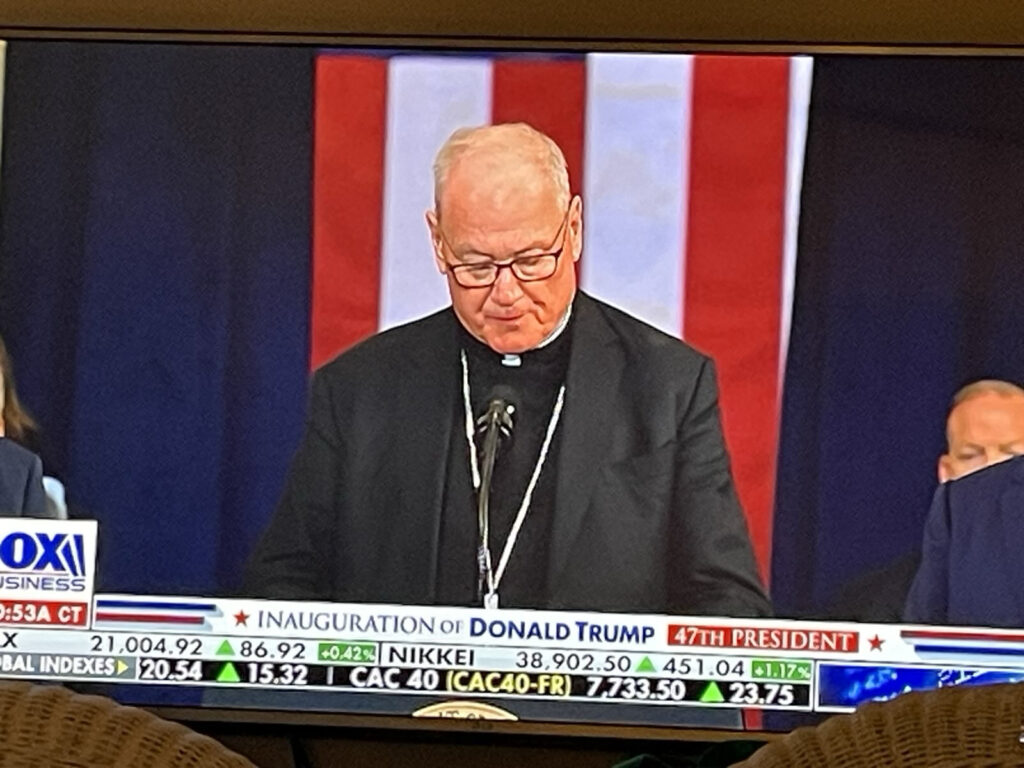 Cardinal Timothy Dolan, Archbishop of New York, leads the invocation at the inauguration of President Donald J. Trump, January 20, 2025.