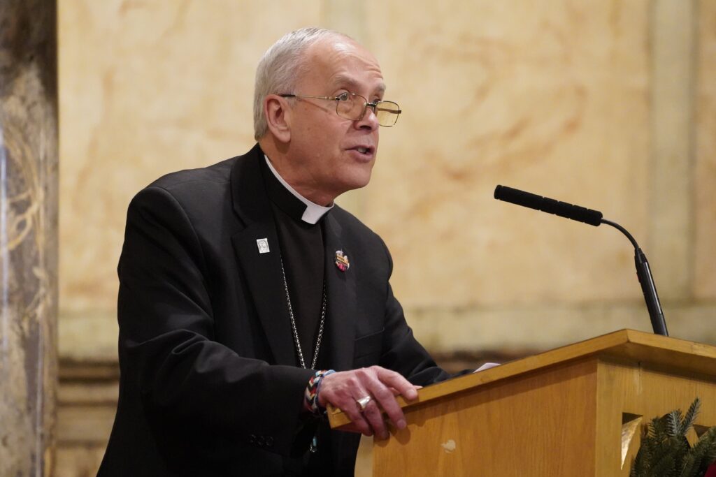 Bishop Mark J. Seitz of El Paso, Texas, the U.S. bishops' migration committee chairman, speaks at St. Lucy's Church in Newark, New Jersey, January 13, 2025.