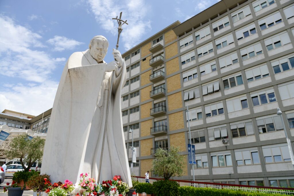 A statue of St. John Paul II is seen outside of Rome's Gemelli hospital in this file photo from June 9, 2023.