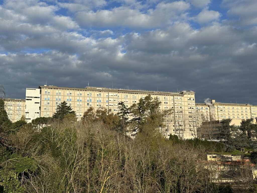 The south side of Rome's Gemelli hospital where Pope Francis is an inpatient is seen February 17, 2025.