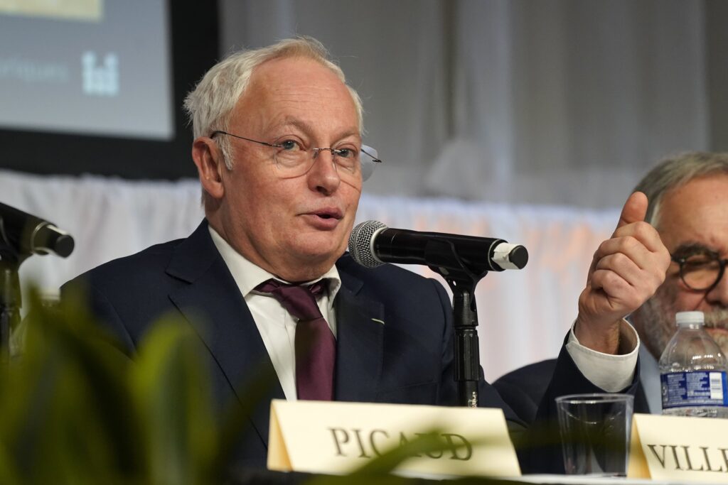 Philippe Villeneuve, chief architect of the reconstruction of Notre Dame Cathedral in Paris, speaks on the opening night of the New York Encounter in Manhattan on February 14, 2025.