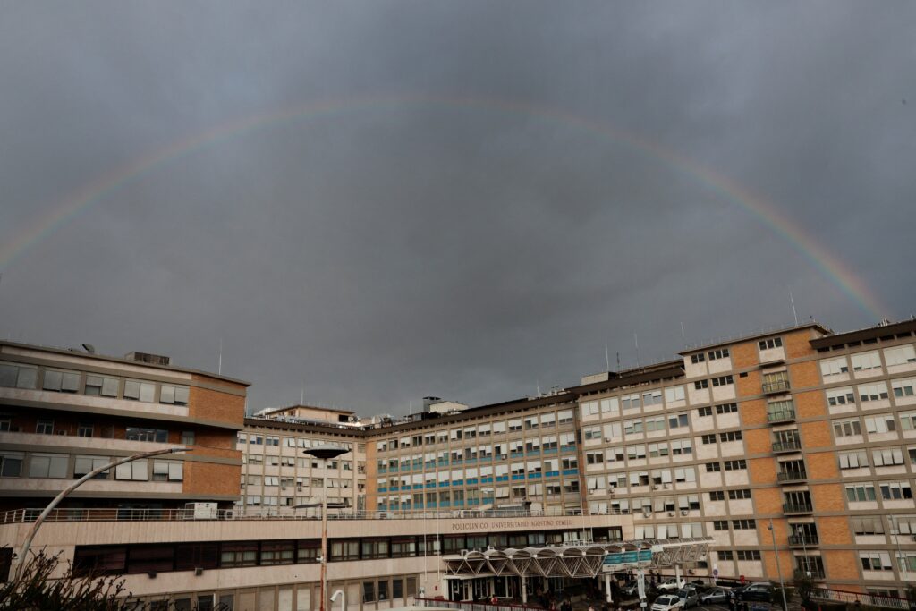 A rainbow is seen above Rome’s Gemelli hospital on February 18, 2025, where Pope Francis continues treatment for a respiratory tract infection.