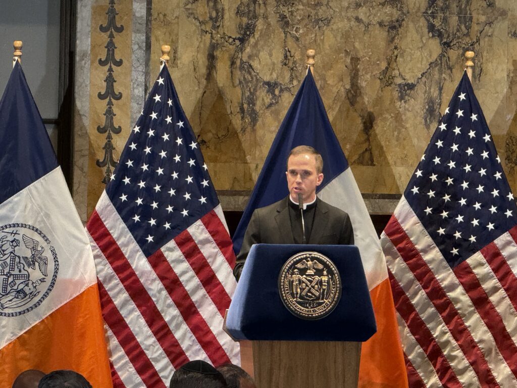 Father Ryan Muldoon, parochial vicar of St. Patrick’s Cathedral, offers the invocation at New York City Mayor Eric Adams’ annual Interfaith Breakfast, held January 30, 2025, at the New York Public Library.